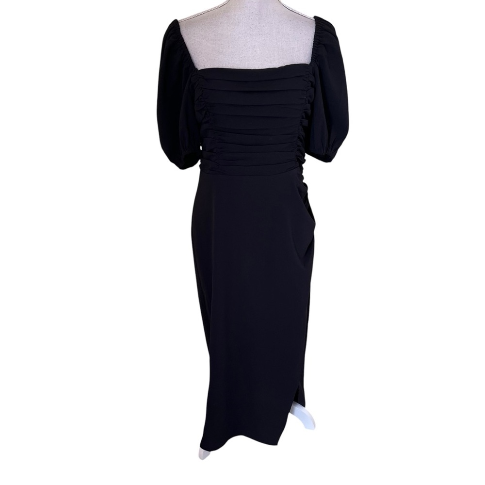 French Connection "Afina" Black Ruched Puff Sleeve Midi Dress with Slit M - Picture 2 of 15